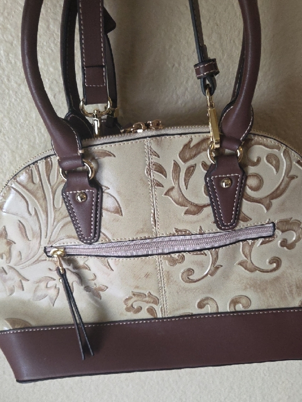 M.C Handbags Embossed Leather Satchel in Beige and Brown. - Picture 7 of 8